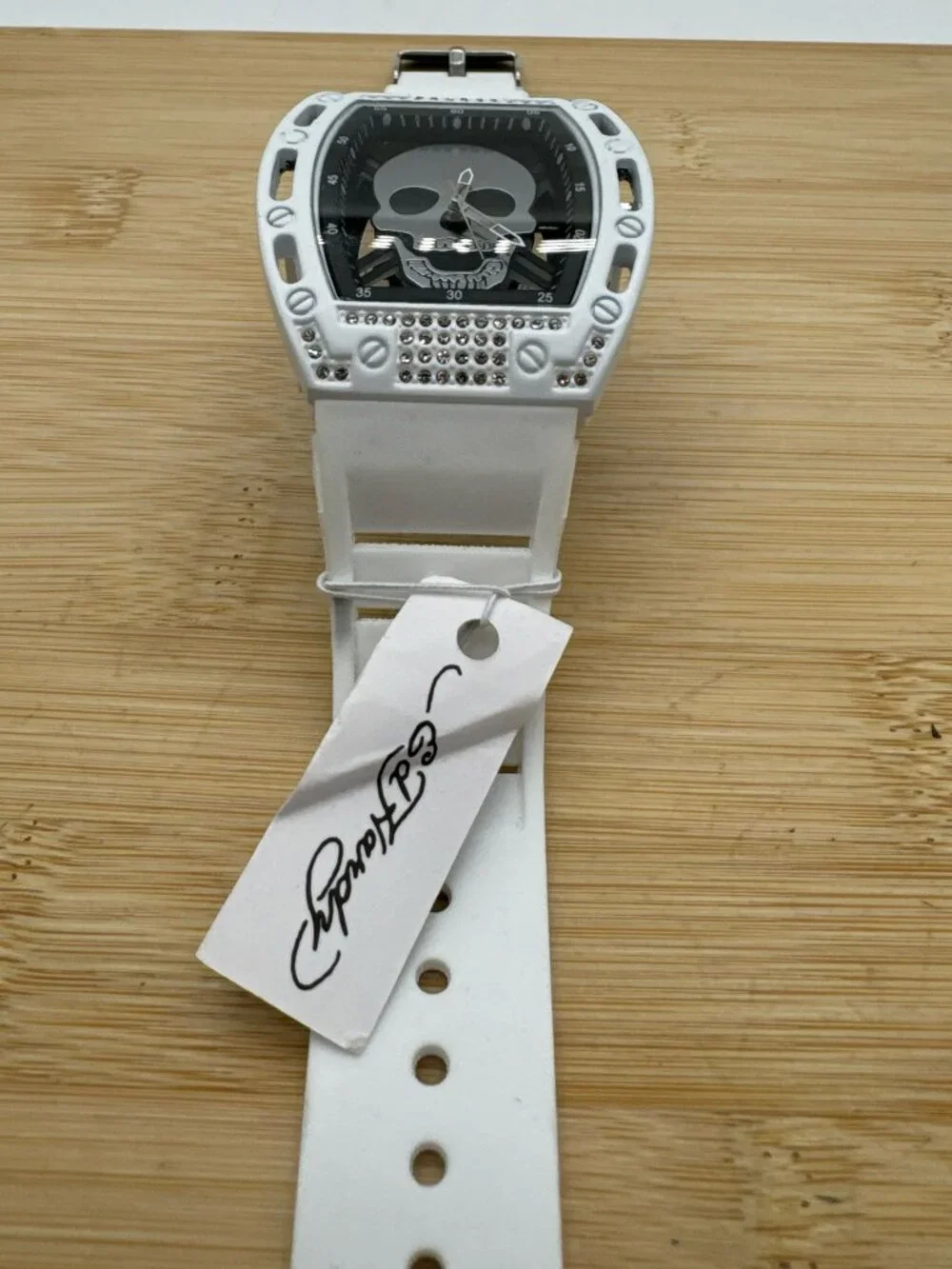 Ed Hardy White Skull Dial Watch Crystal Bezel White Silicone Strap